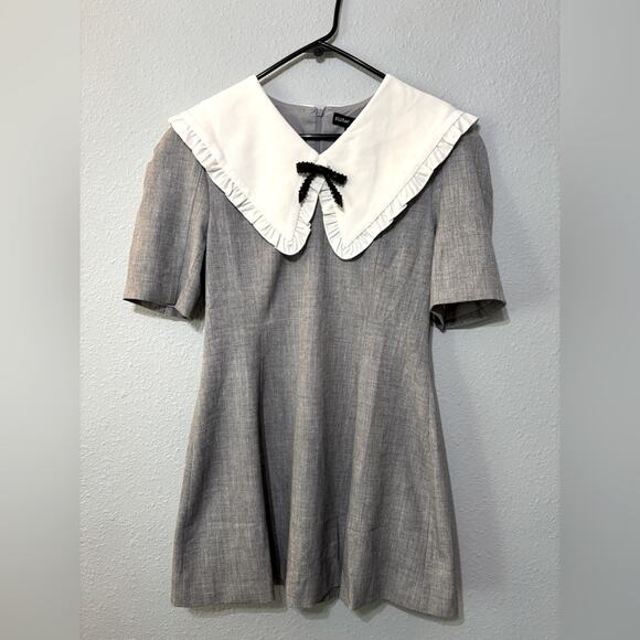 Sister Jane NWT Heron Gray Mini Dress Oversized Collar w/ Beaded Bow M - Picture 5 of 11